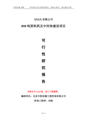 850吨原料药及中间体建设项目可行性研究报告模板立项审批.doc