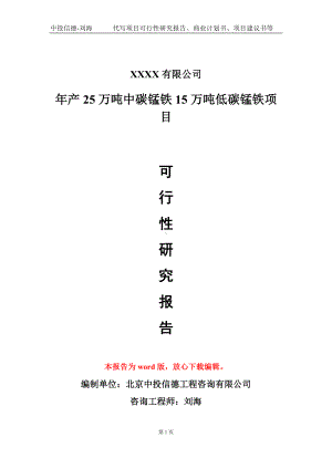 年产25万吨中碳锰铁15万吨低碳锰铁项目可行性研究报告模板立项审批.doc