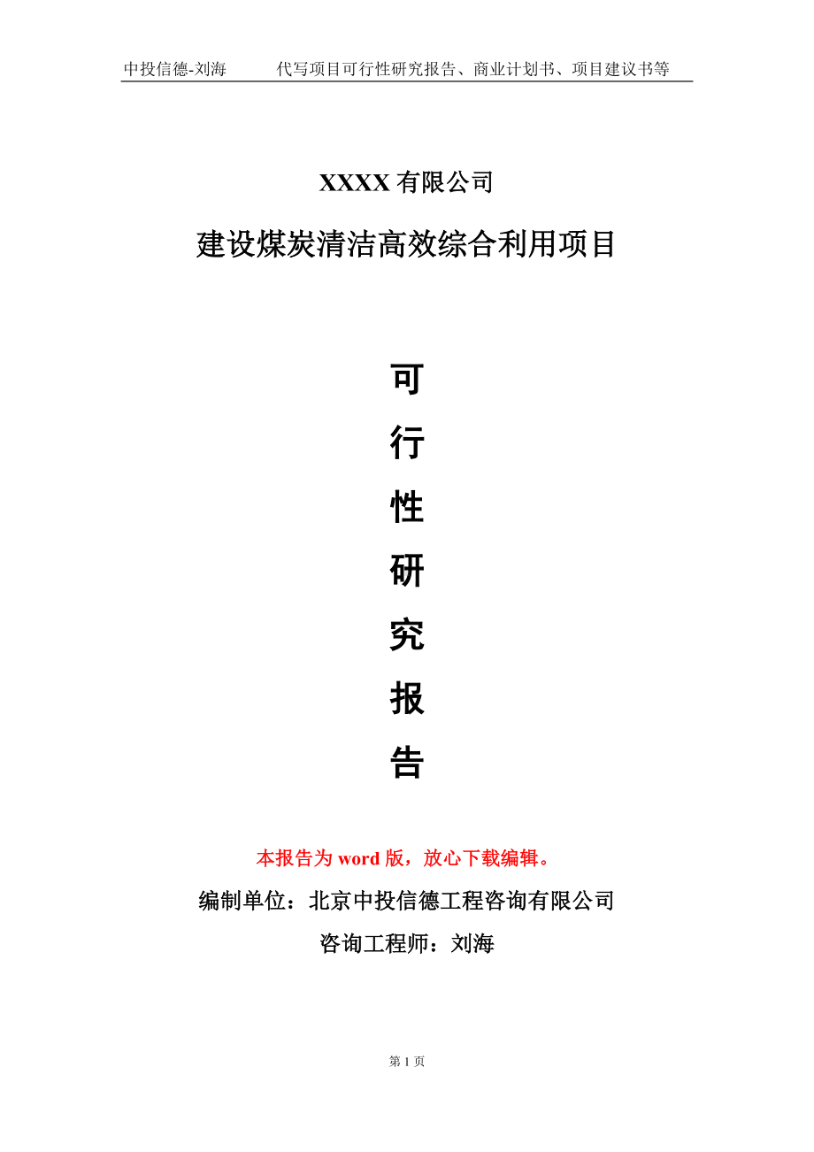 建设煤炭清洁高效综合利用项目可行性研究报告模板立项审批.doc_第1页