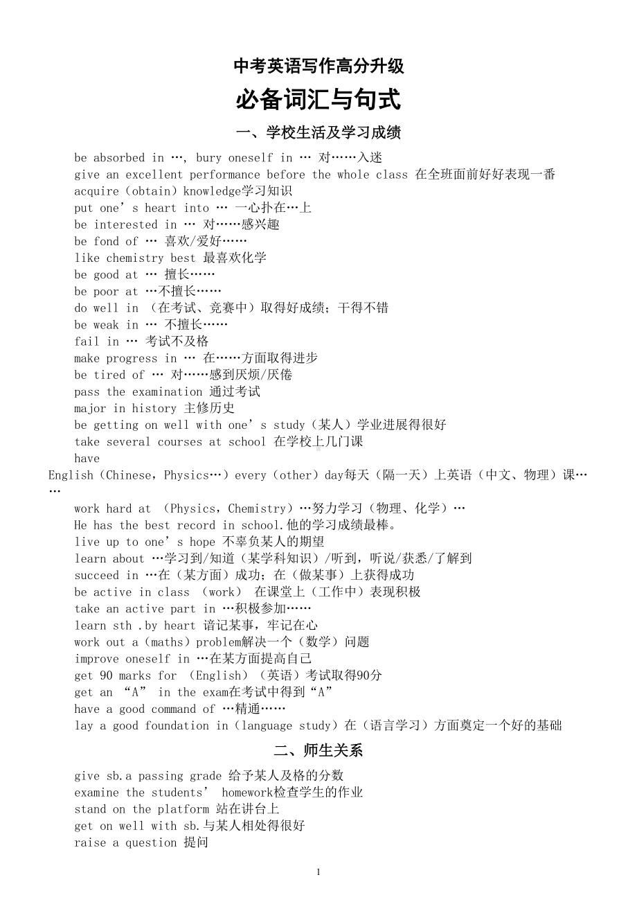 初中英语2023中考写作高分升级必备词汇与句式汇总（共五类）.doc_第1页