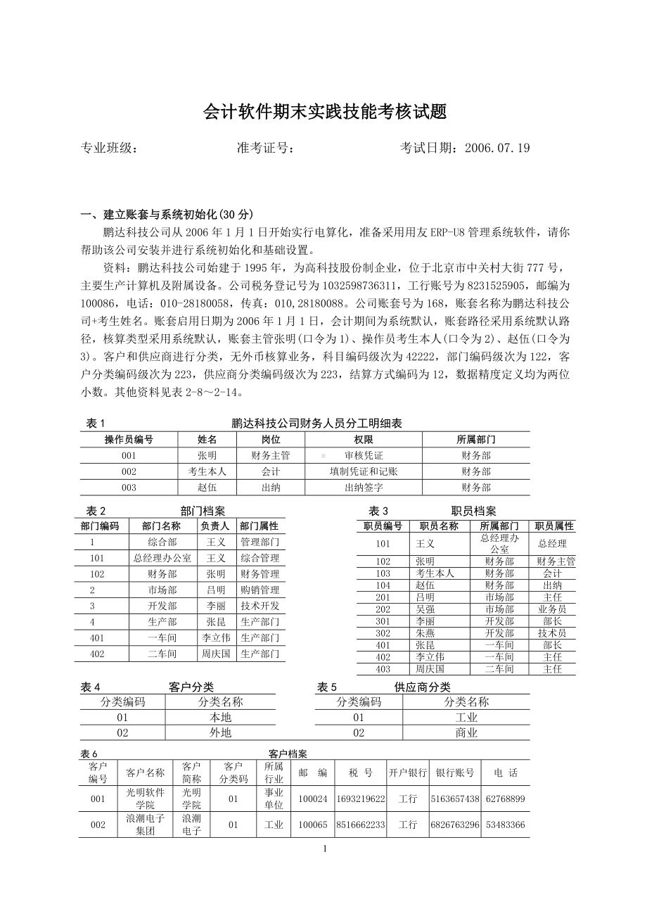 会计软件期末实践技能考核试题-教师11-1.doc_第1页