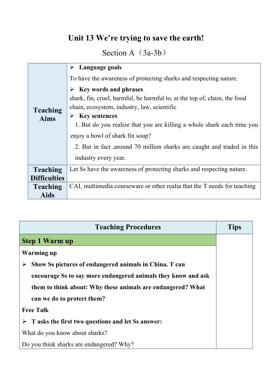 初中英语九年级 Unit 13 We're trying to save the earth Section A (3a-3b)教案.docx_第1页