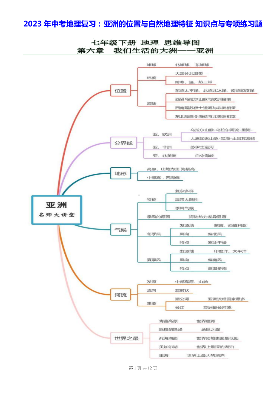 2023年中考地理复习：亚洲的位置与自然地理特征 知识点与专项练习题（含答案解析）.docx_第1页