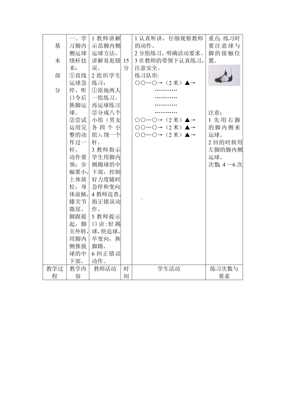 初中体育七年级全册-第三章 足球 足球脚内侧运球过杆 教案-　.docx_第2页