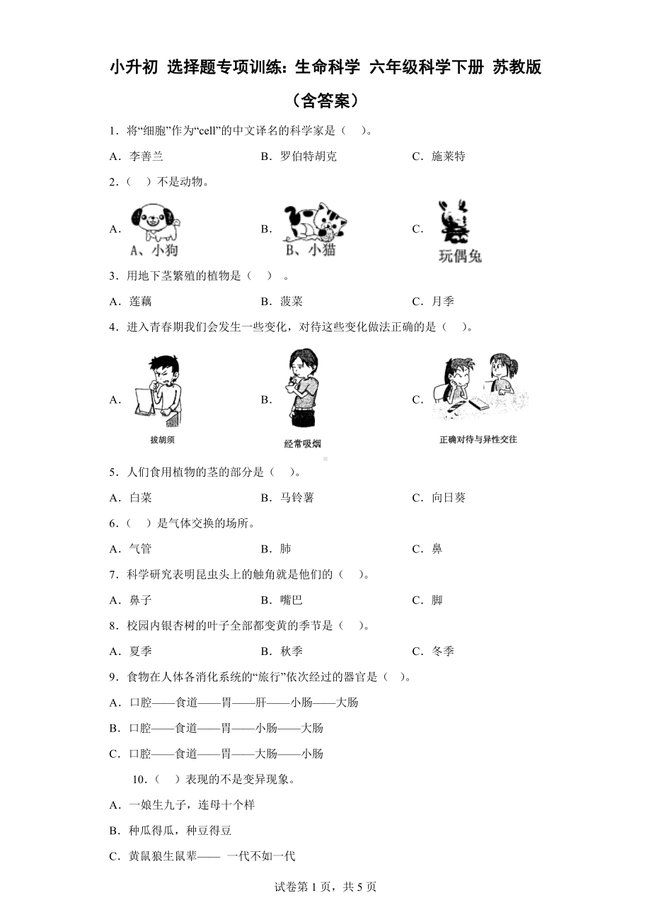 2023新苏教版六年级下册《科学》选择题专项训练：生命科学（含答案）.doc_第1页