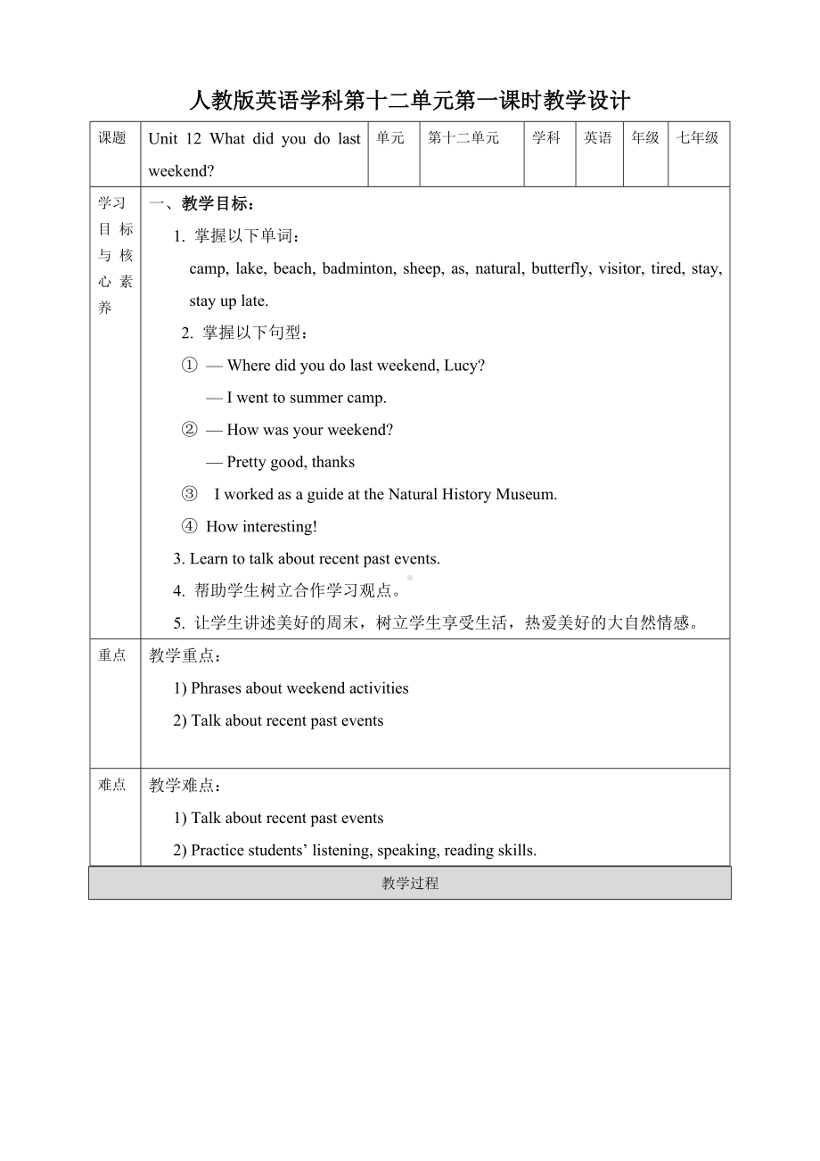 初中英语七年级下册 Unit 12 What did you do last weekend.SectionA(1a-2d)教案.docx_第1页