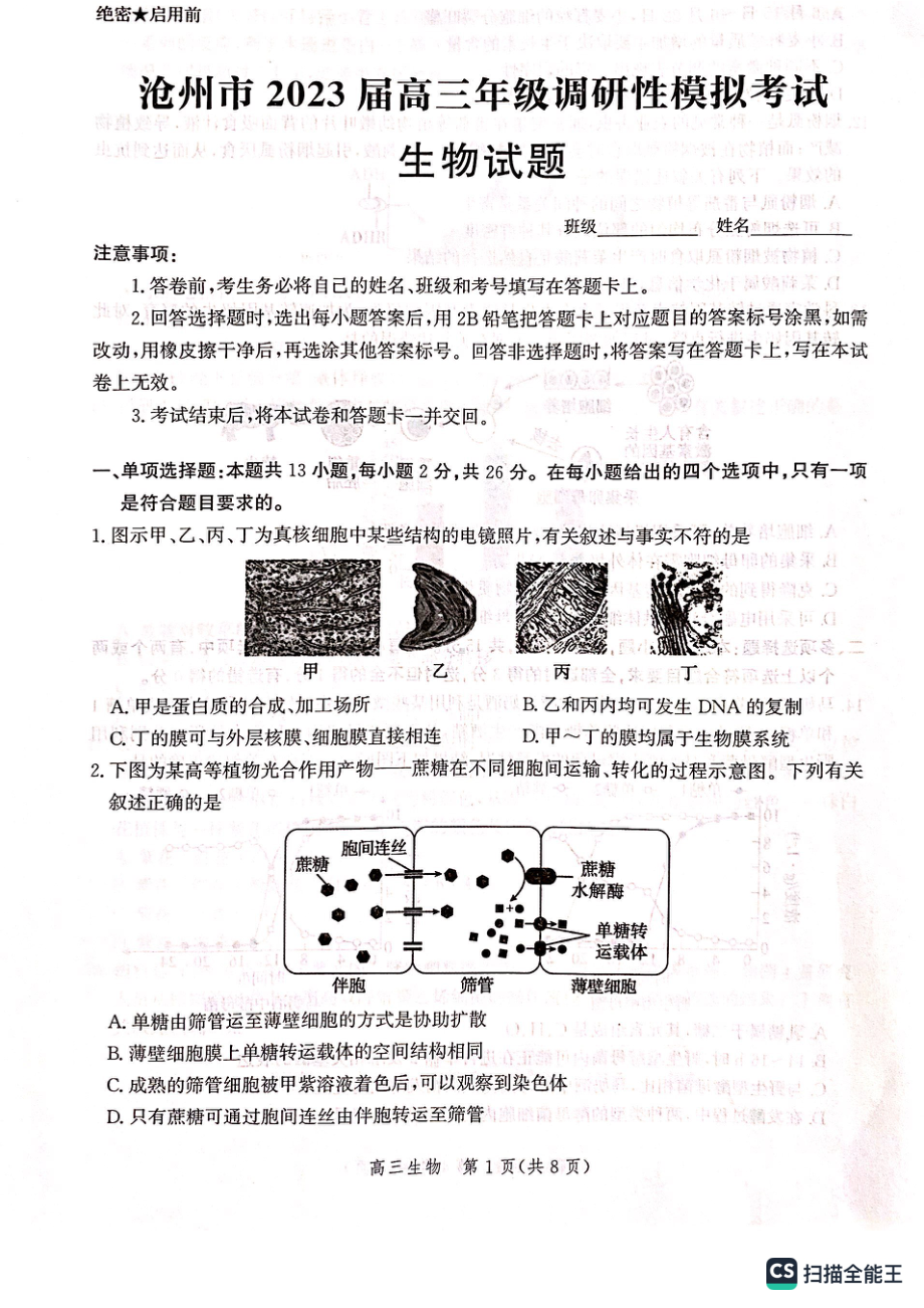 河北省沧州市2023届高三年级一模生物试卷+答案.pdf_第1页