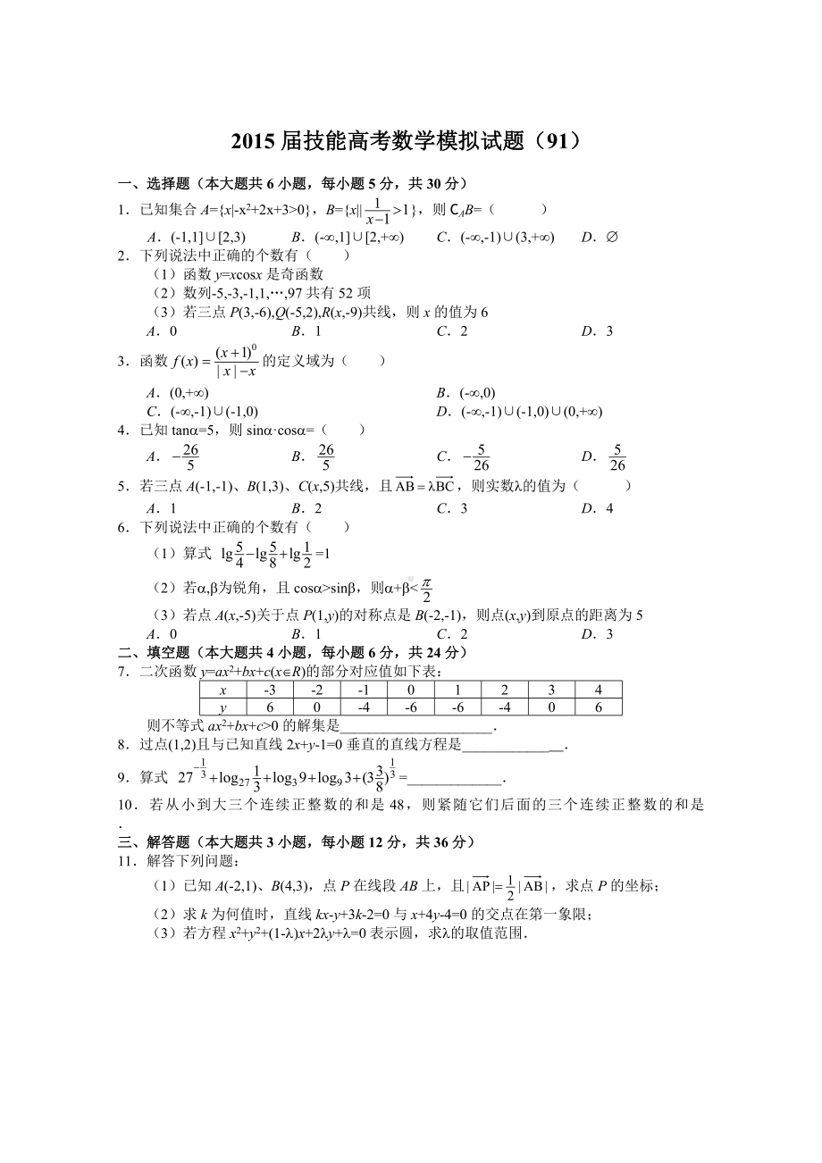 (完整word)湖北省技能高考数学训练题10套.doc_第1页