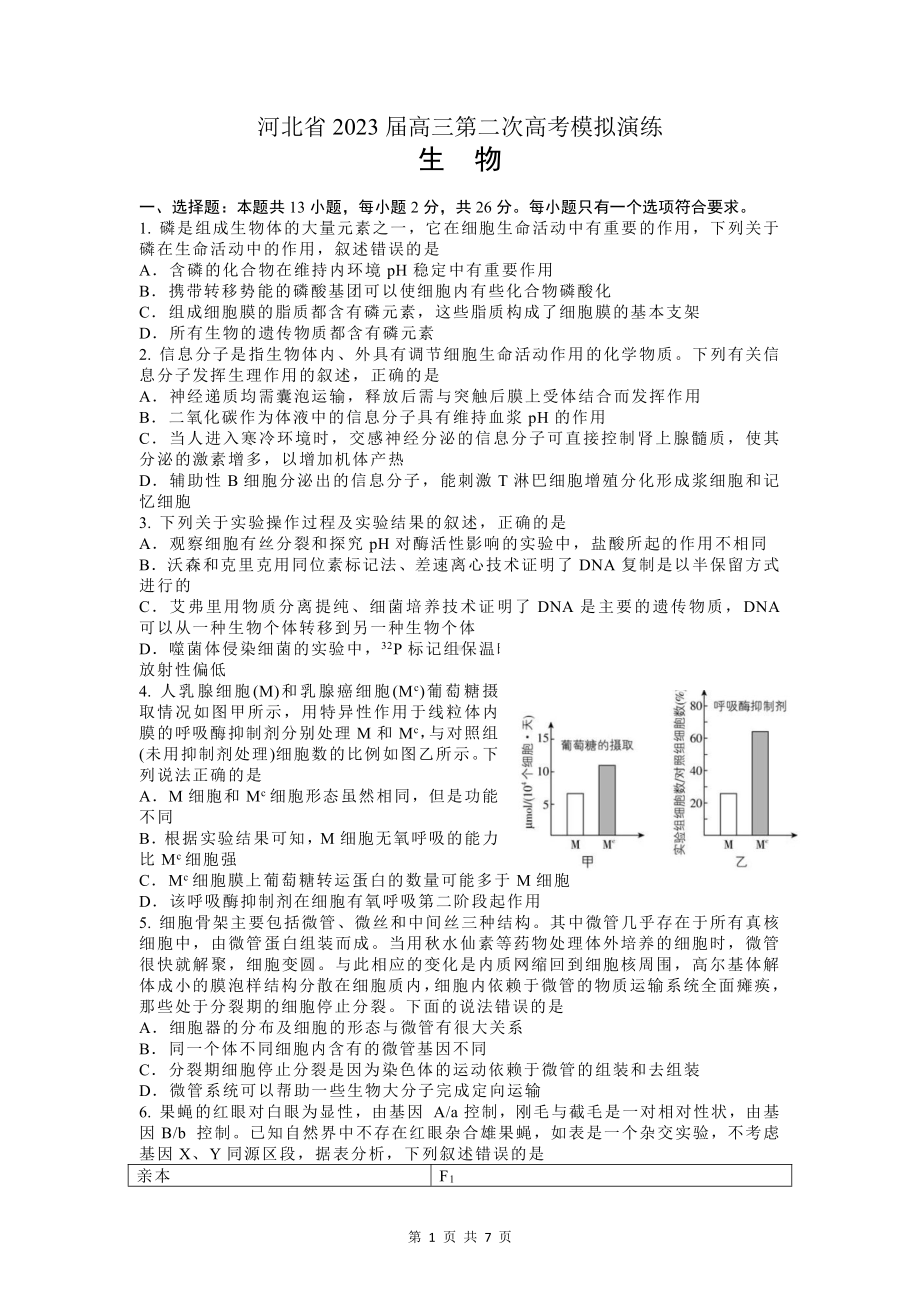 河北省部分学校2023届高三下学期二模生物试卷+答案.pdf_第1页