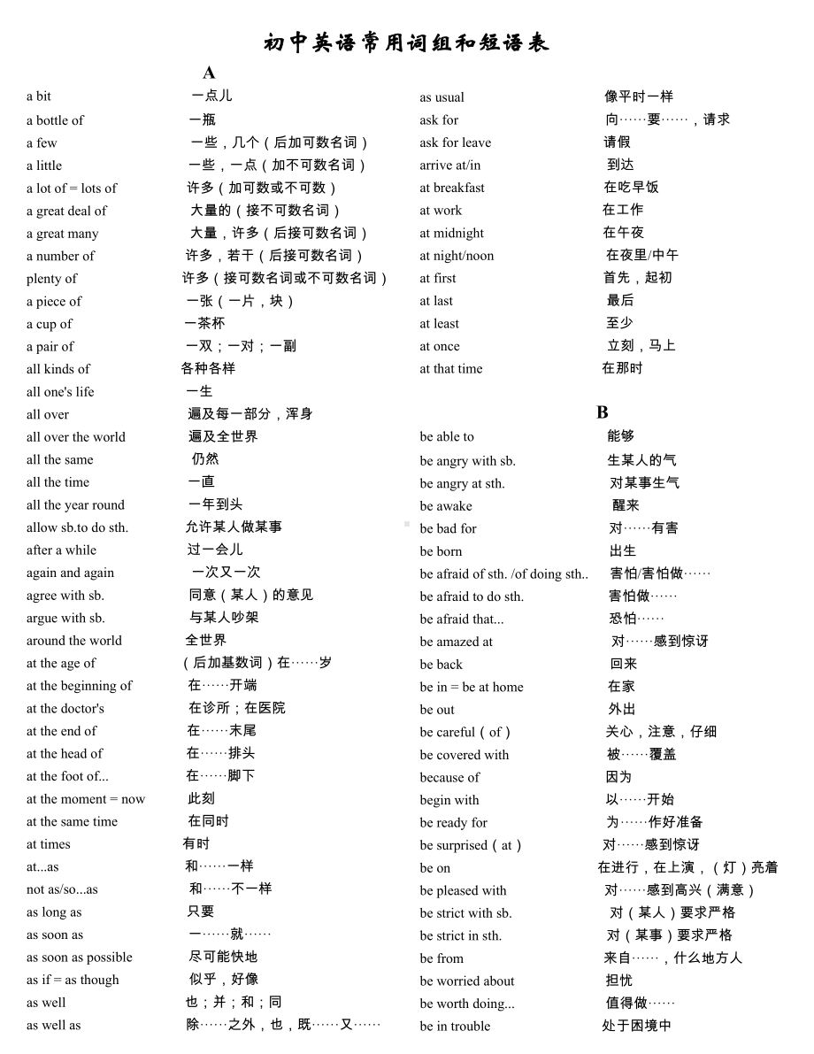 (完整)初中英语常用词组和短语表.doc_第1页