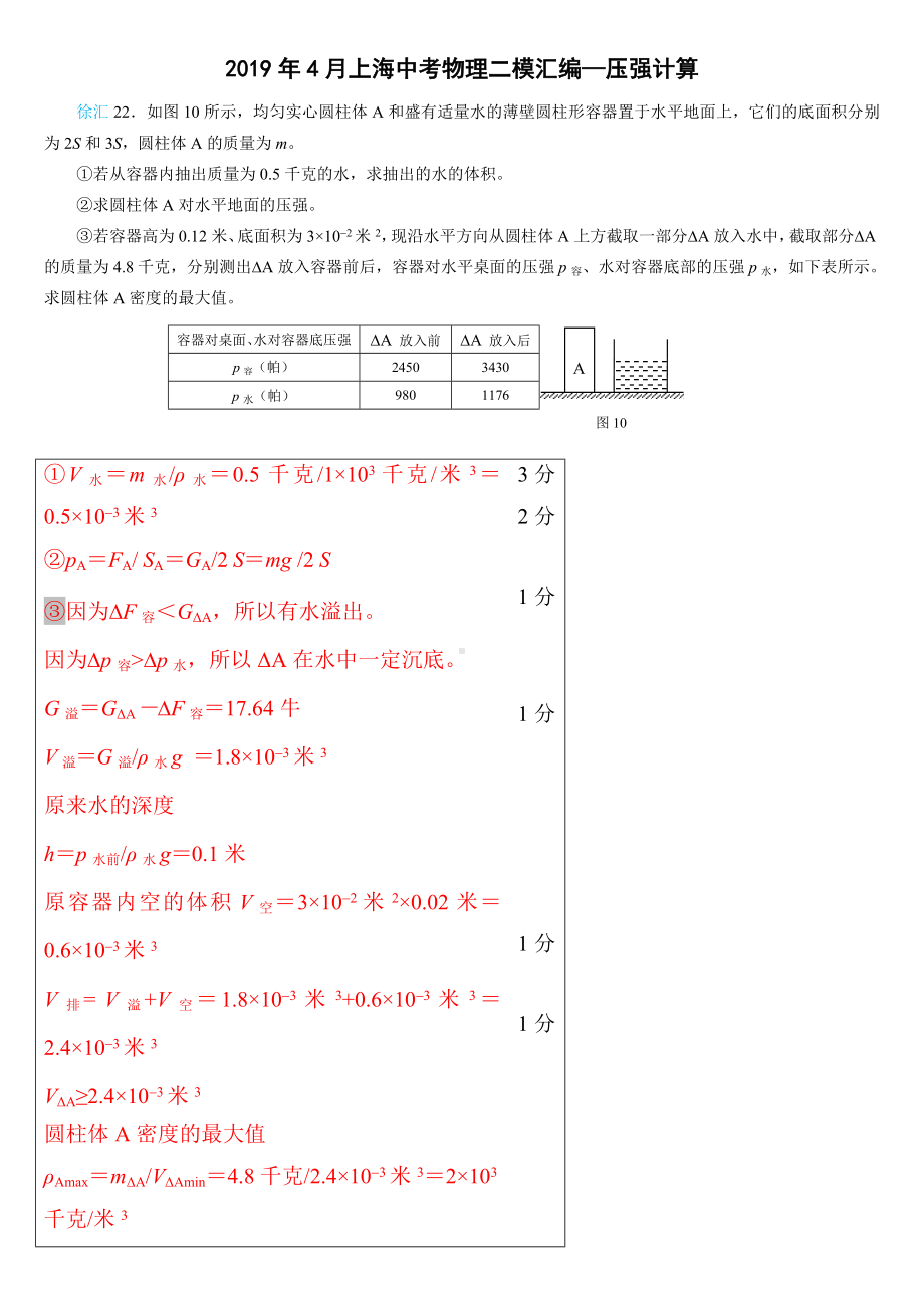 (完整版)2019年4月上海中考物理二模汇编—压强计算.doc_第1页