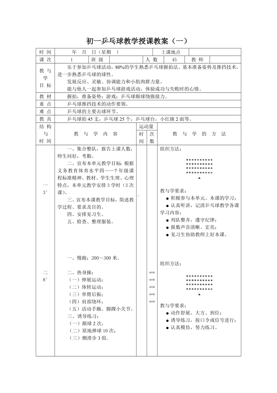 (完整版)初一乒乓球教学授课教案1.doc_第1页