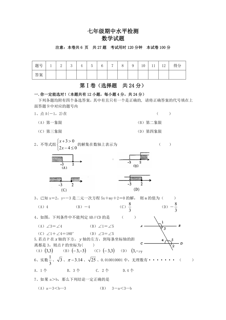 (完整版)初一下数学期末试题及答案.doc_第1页