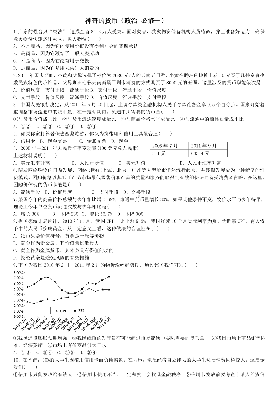 (完整版)人教版思想政治必修一第一课练习题.doc_第1页