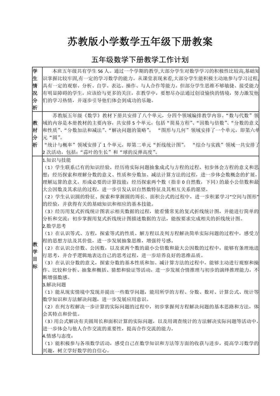 (完整版)2019最新苏教版小学数学五年级下册教学计划进度表和单元计划(详细).doc_第1页