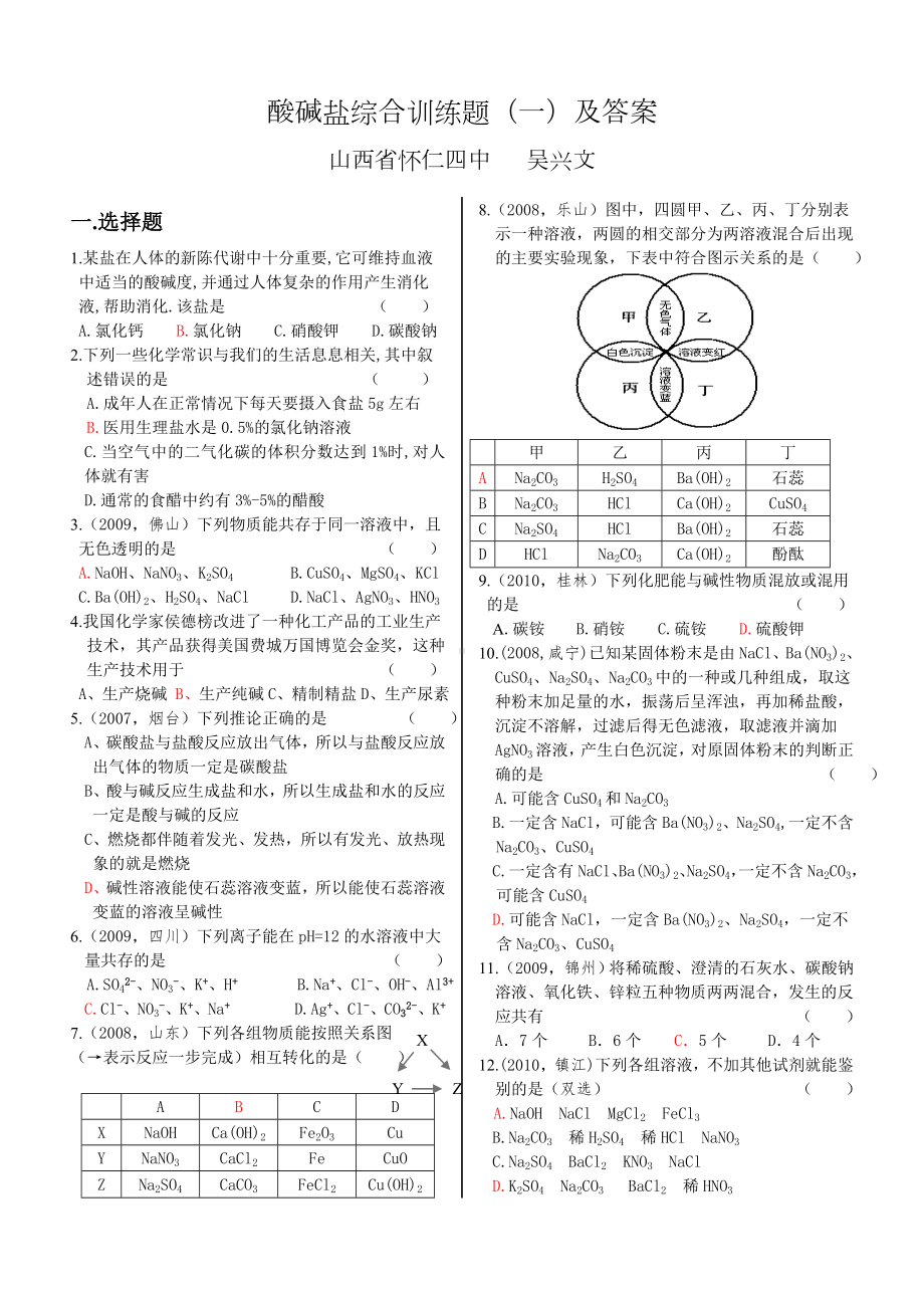 (完整版)初中化学酸碱盐综合练习题(一)及答案.doc_第1页