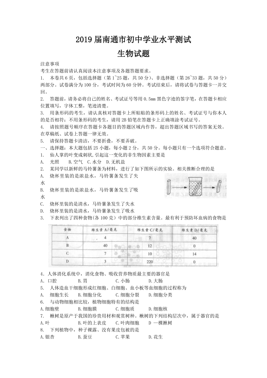 (完整版)2019届南通市初中学业水平测试生物试题及答案.doc_第1页