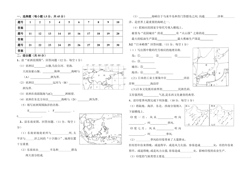 (完整版)人教版地理七年级下册期中考试试卷及答案.doc_第3页