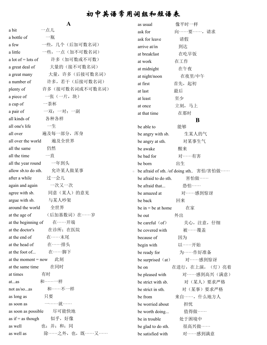 (完整版)初中英语常用词组和短语表.doc_第1页