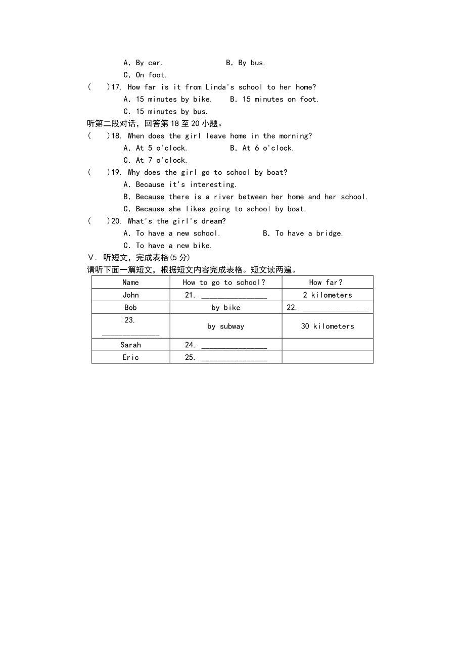 (完整版)人教版七年级英语下册Unit3Howdoyougettoschool单元测试题.doc_第2页