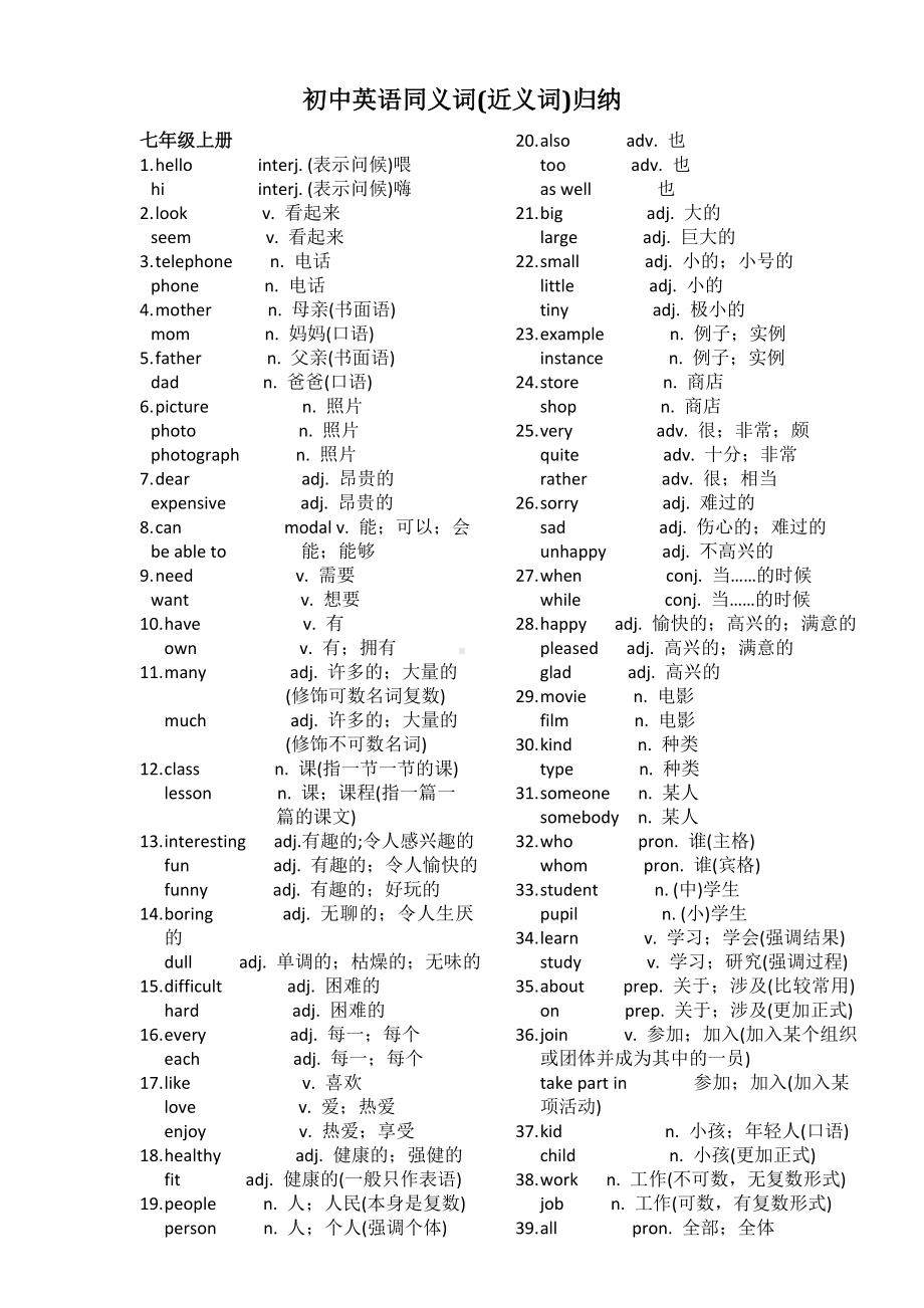 (完整版)初中英语同义词(近义词)归纳.doc_第1页