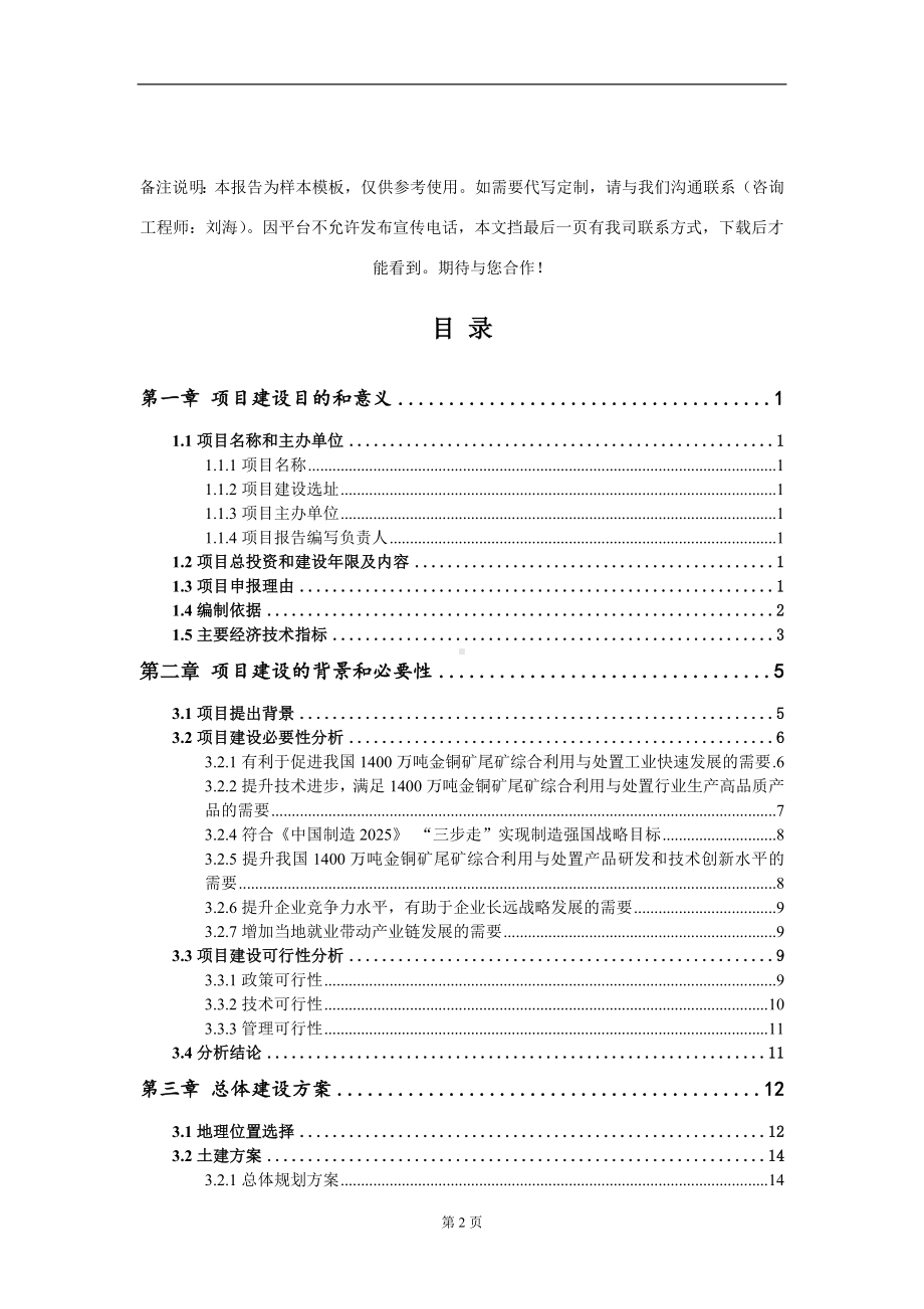 1400万吨金铜矿尾矿综合利用与处置项目建议书写作模板.doc_第2页