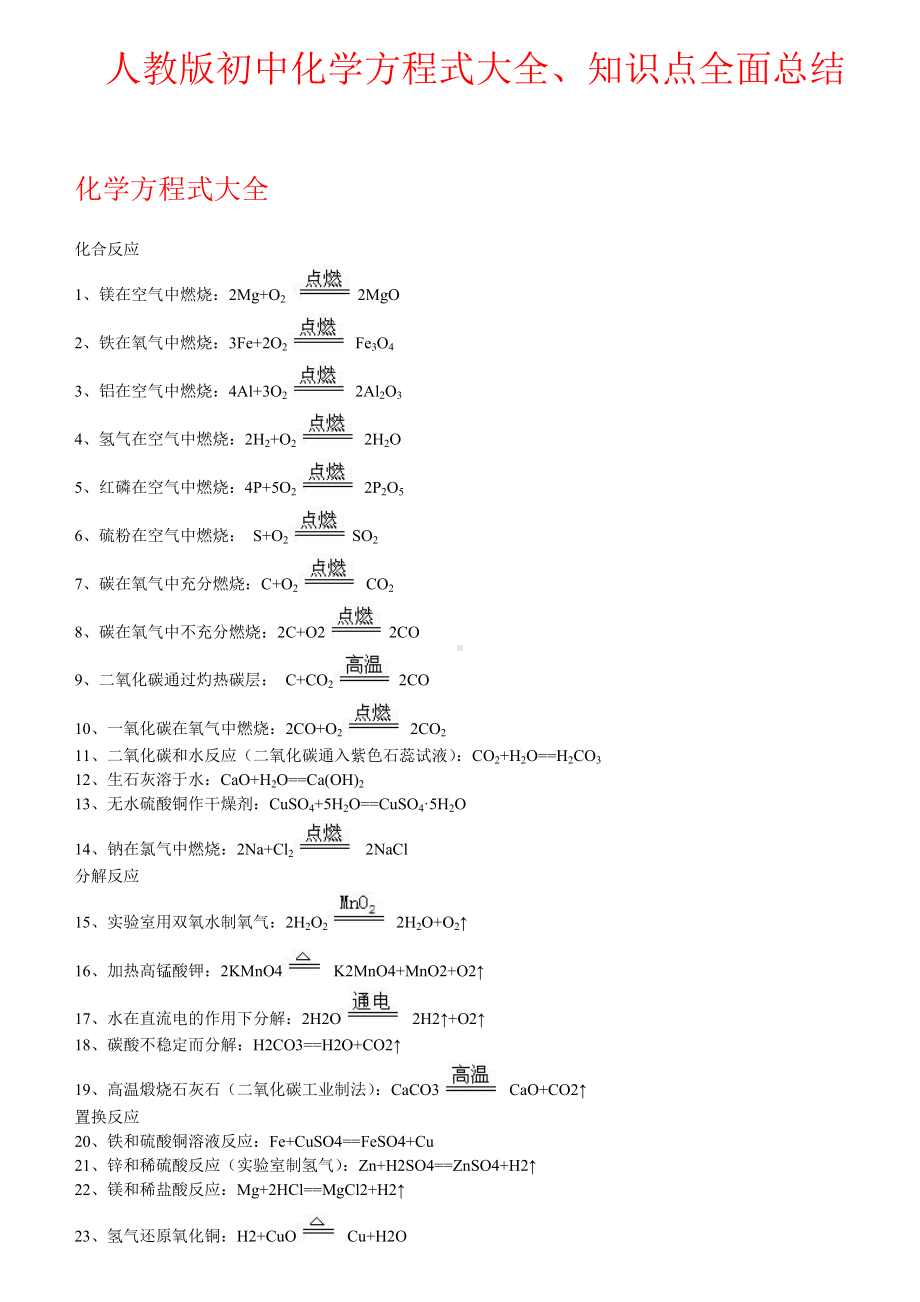 (完整版)初中化学方程式大全和知识点全面总结.doc_第1页