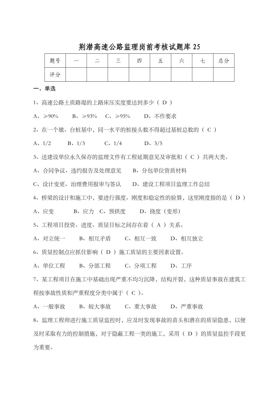 (完整)高速公路监理岗前考核试题库(25).doc_第1页