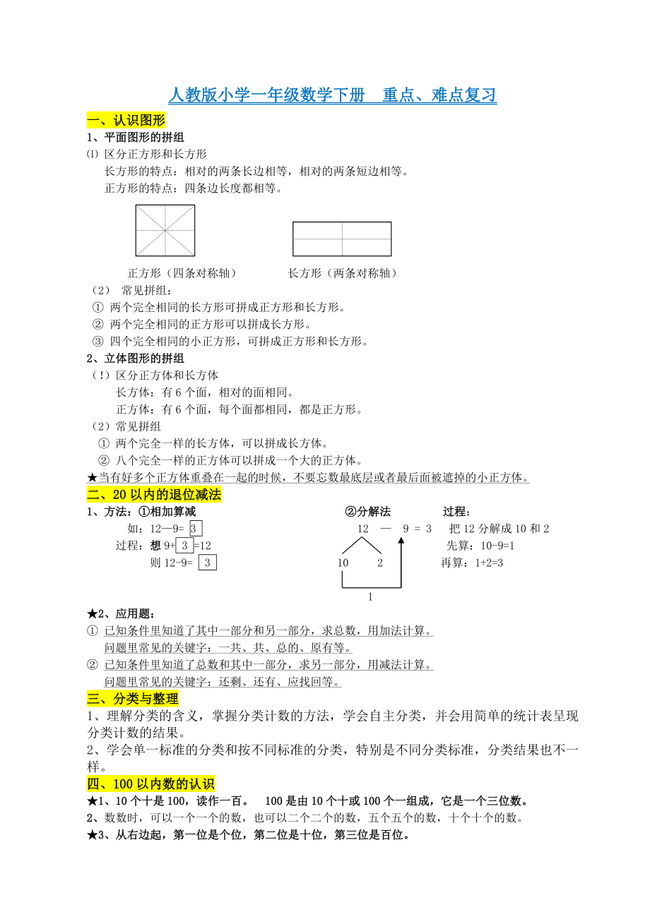 (完整版)人教版小学一年级数学下册-知识点归纳总结.doc_第1页