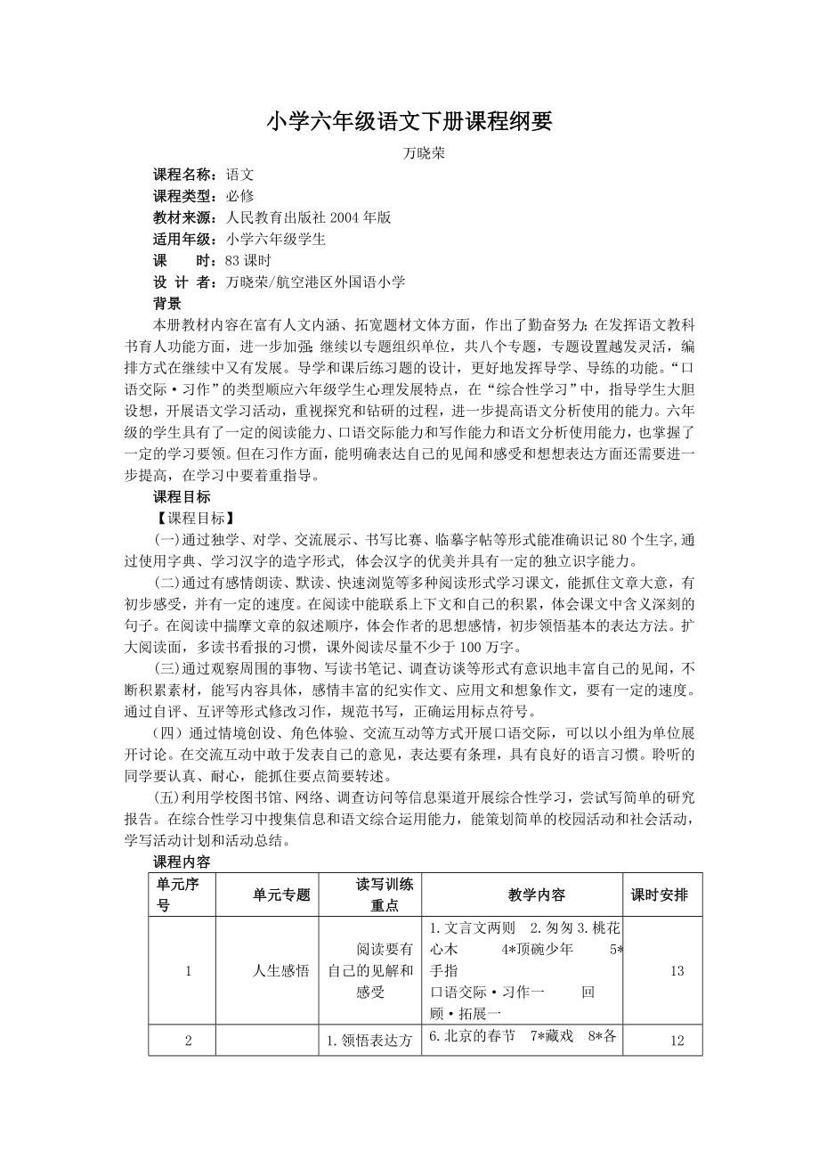 (完整版)六年级下册语文课程纲要.doc_第1页