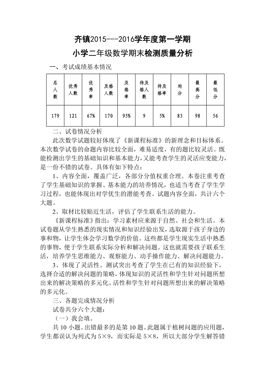 (完整)北师大版二年级数学期末考试试卷分析.doc_第2页