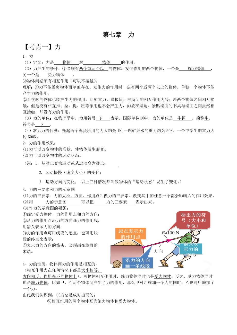 (完整版)初中物理第七章力知识点及习题总结.doc_第1页