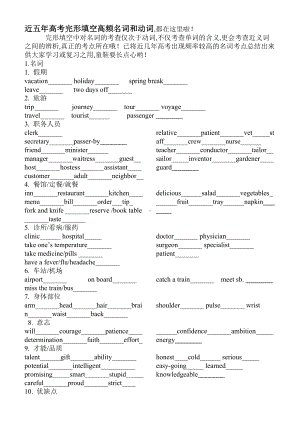 (完整)近五年高考完形填空高频名词和动词.doc