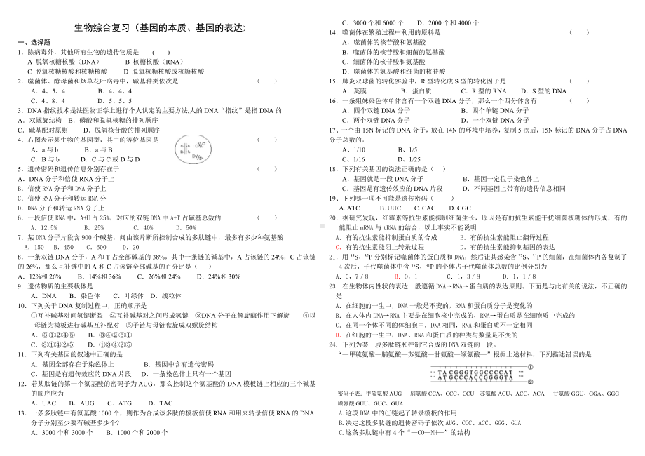 (完整版)基因的本质和基因的表达测试题.doc_第1页