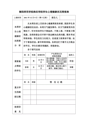 衡阳师范学院南岳学院学生心理健康状况周报表.doc