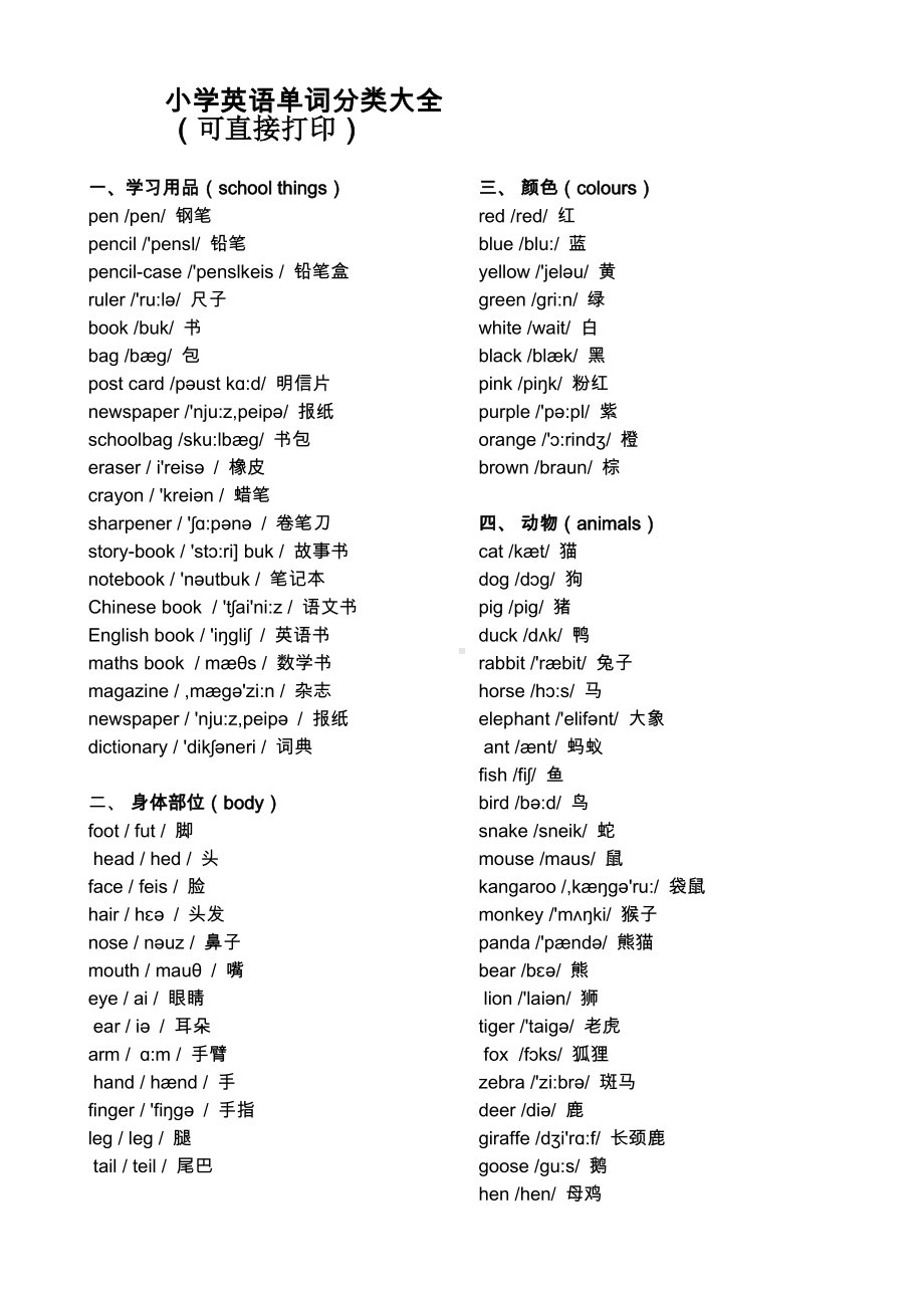 (完整版)小学英语单词分类大全(可直接打印).doc_第1页