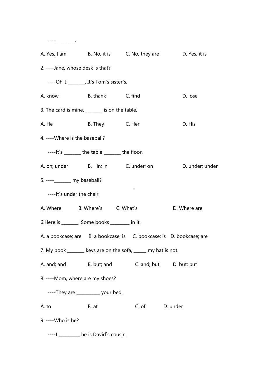 人教版七年级上册-Unit-4-Where-is-my-schoolbag-单元测试卷(含答案).doc_第2页