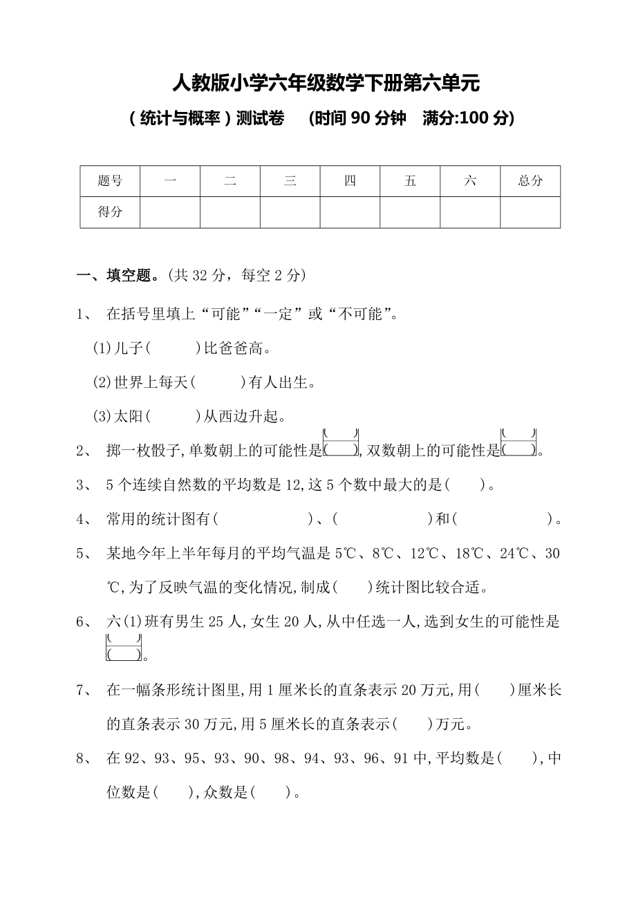 人教版小学六年级数学下册总复习(统计与概率)测试卷(含答案).doc_第1页