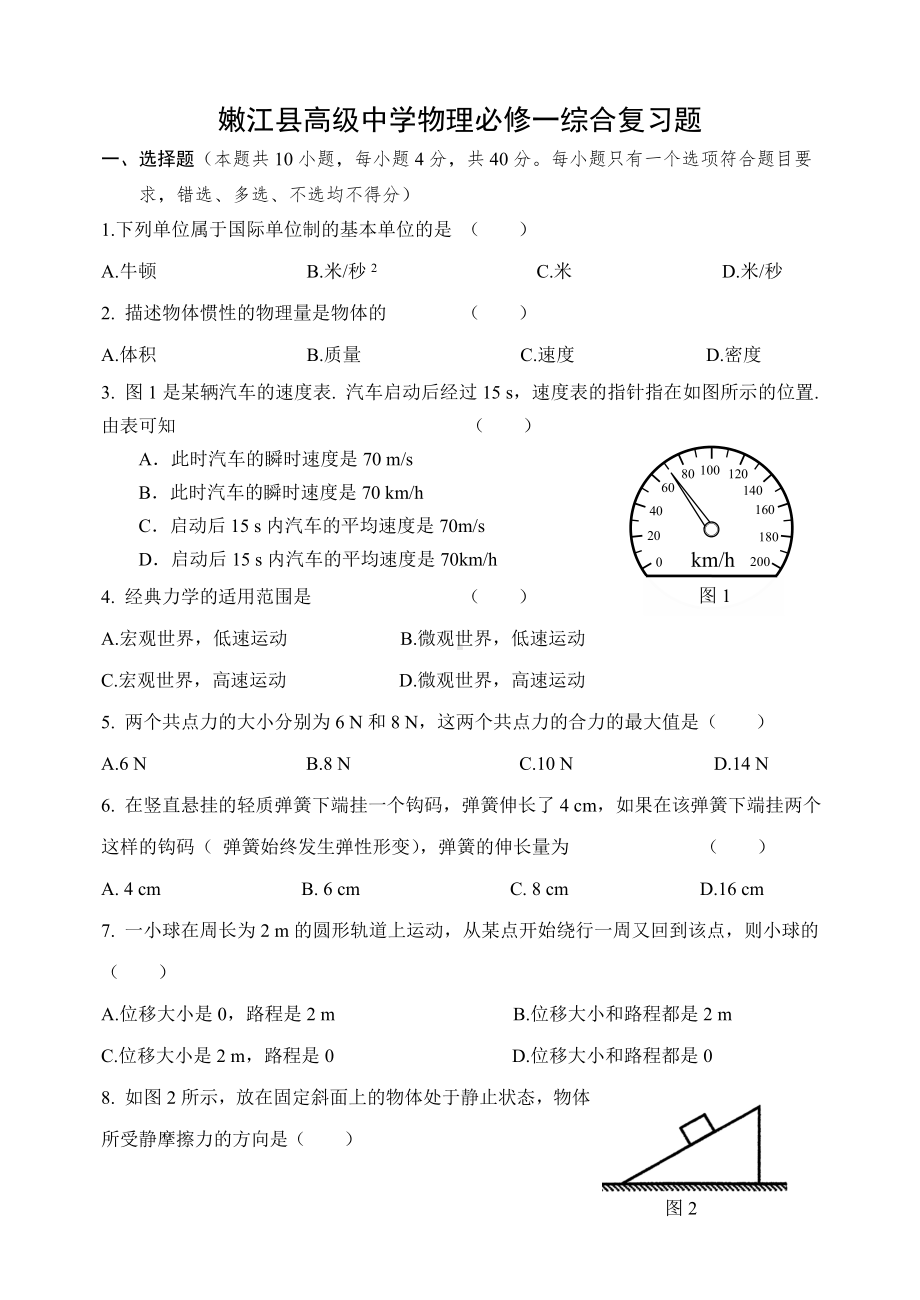 人教版高中物理必修一综合复习题.doc_第1页