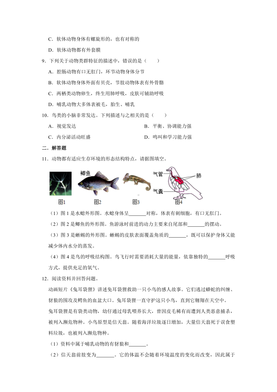 人教版生物八年级上册-第一章-动物的主要类群-检测试题(解析版).doc_第2页