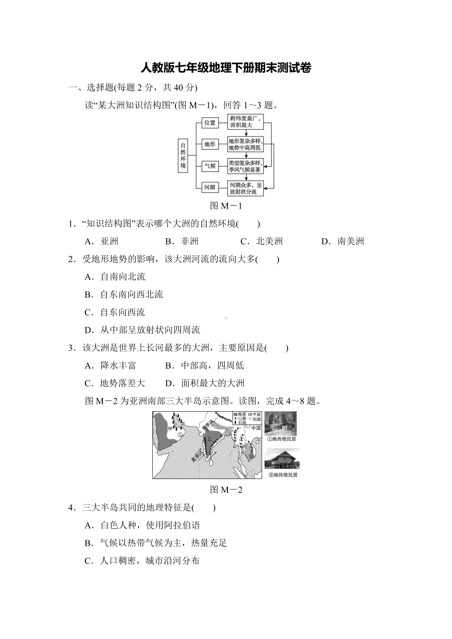 人教版七年级地理下册期末测试卷.doc_第1页