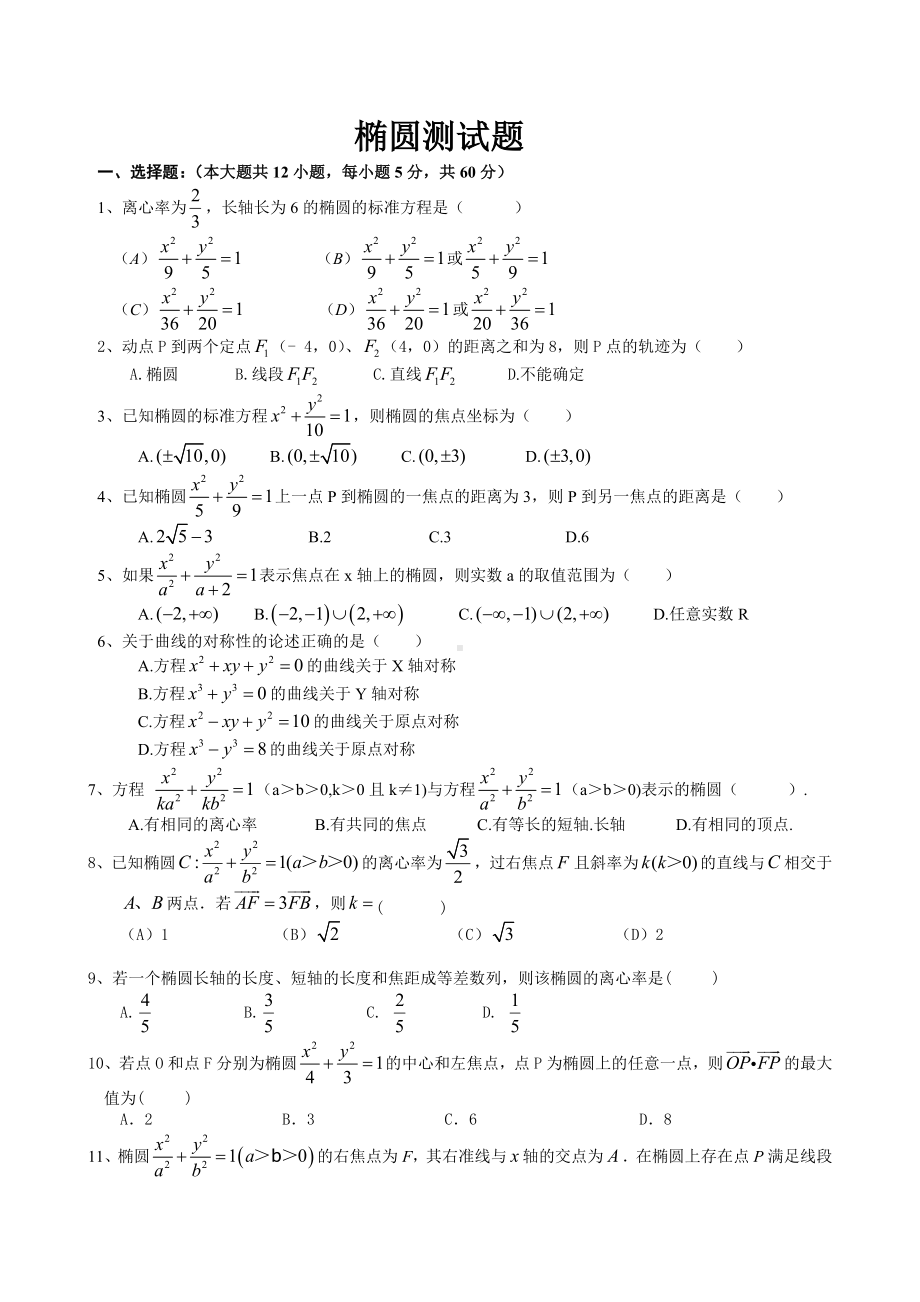 (完整版)椭圆综合测试题(含答案).doc_第1页