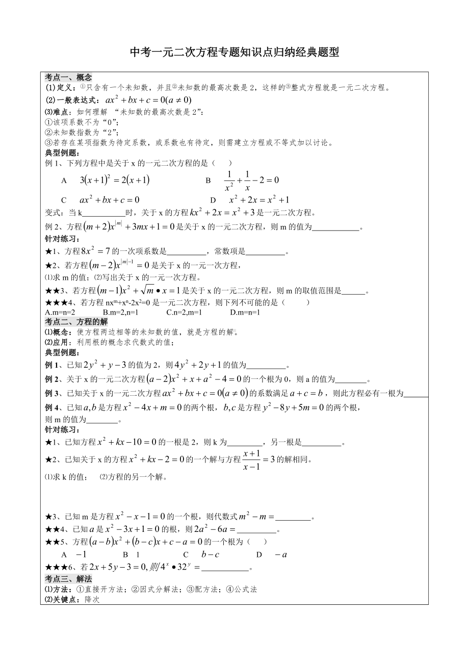 中考一元二次方程专题知识点归纳经典题型.doc_第1页