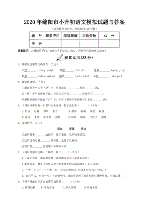 2020年绵阳市小升初语文模拟试题与答案.doc