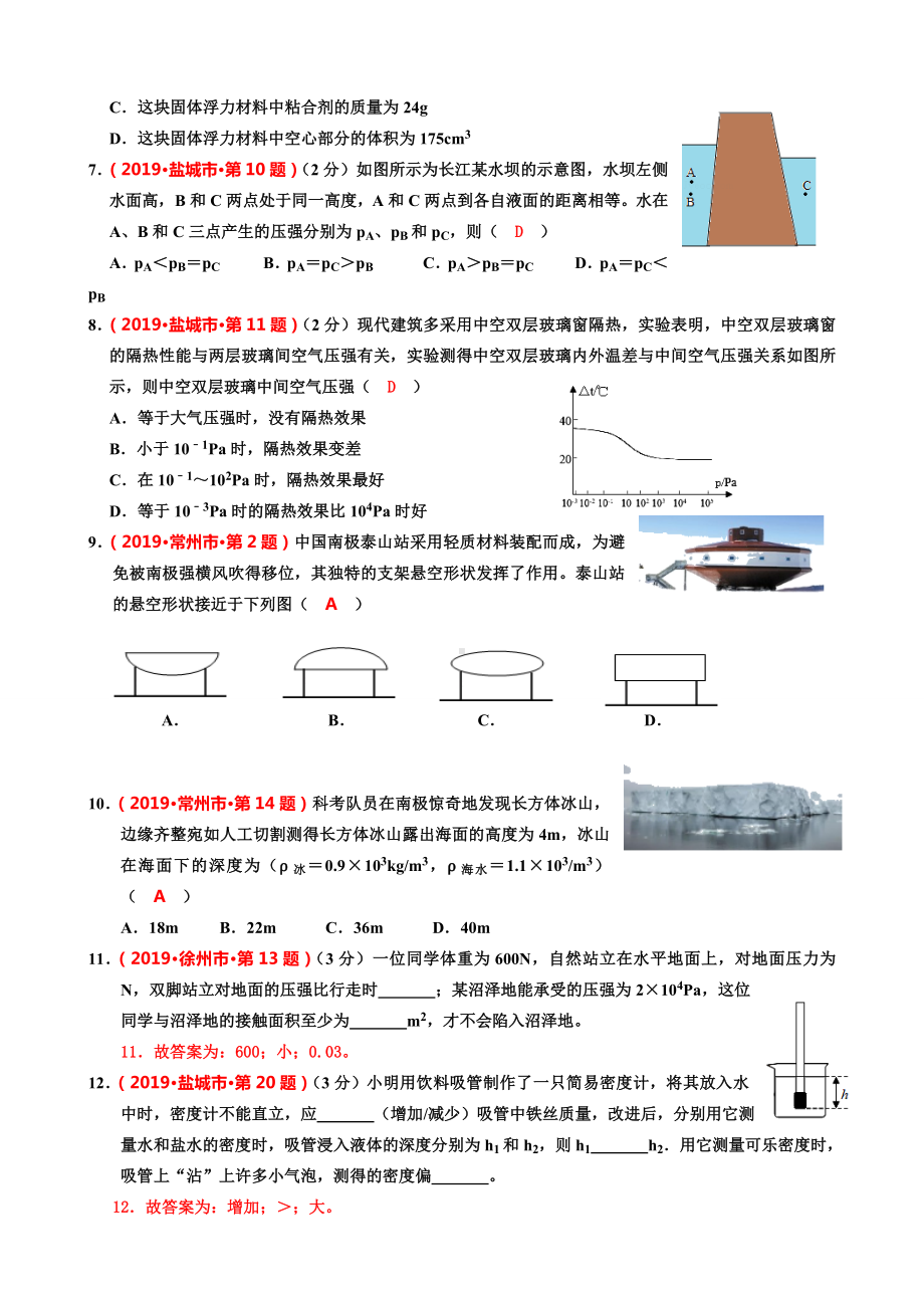 2019年江苏省13大市中考物理考试试题分类汇编(6)压强和浮力(有答案).doc_第2页