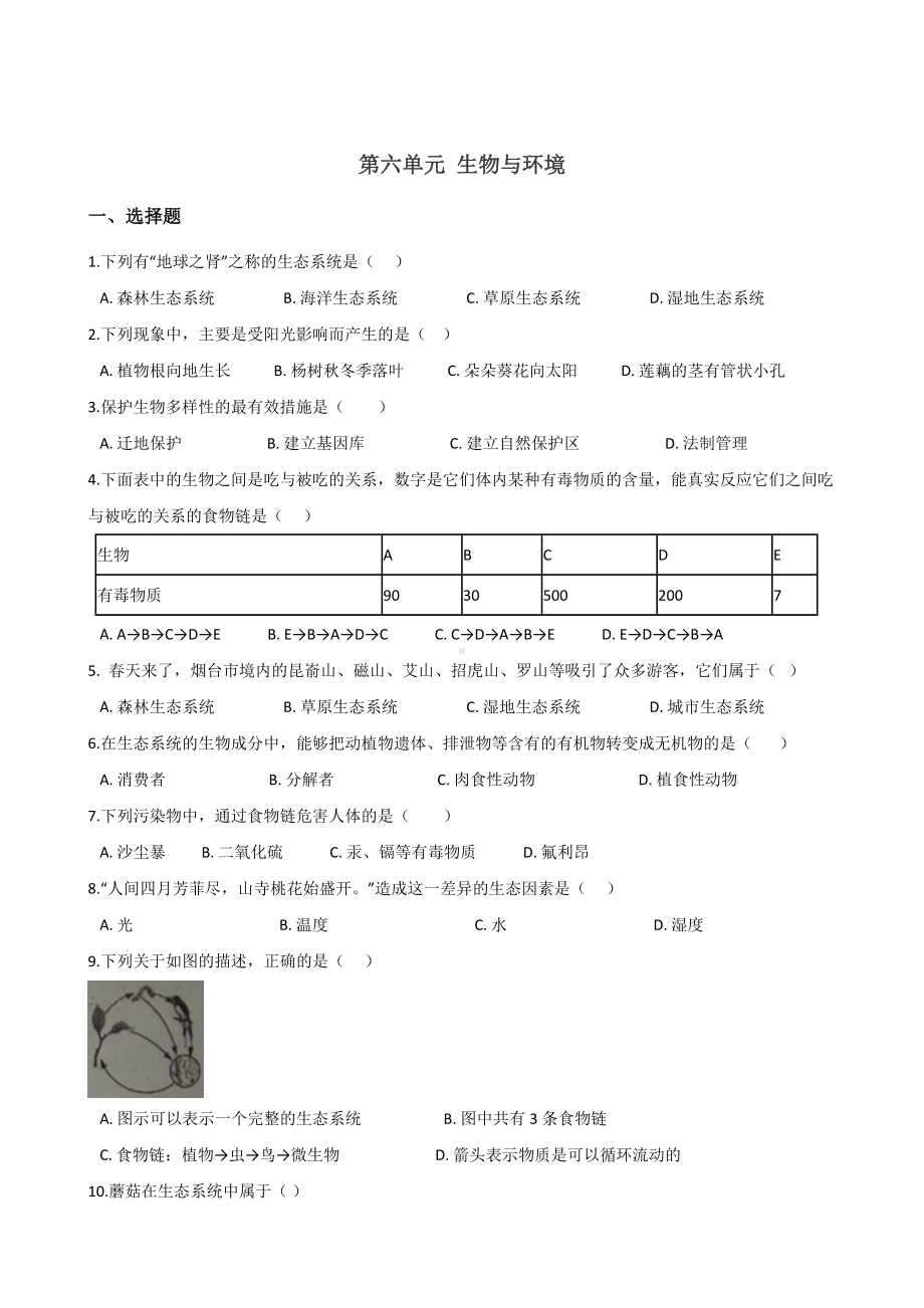 2019年春济南版八年级下册生物-第六单元-生物与环境-单元练习题-(无答案).doc_第1页