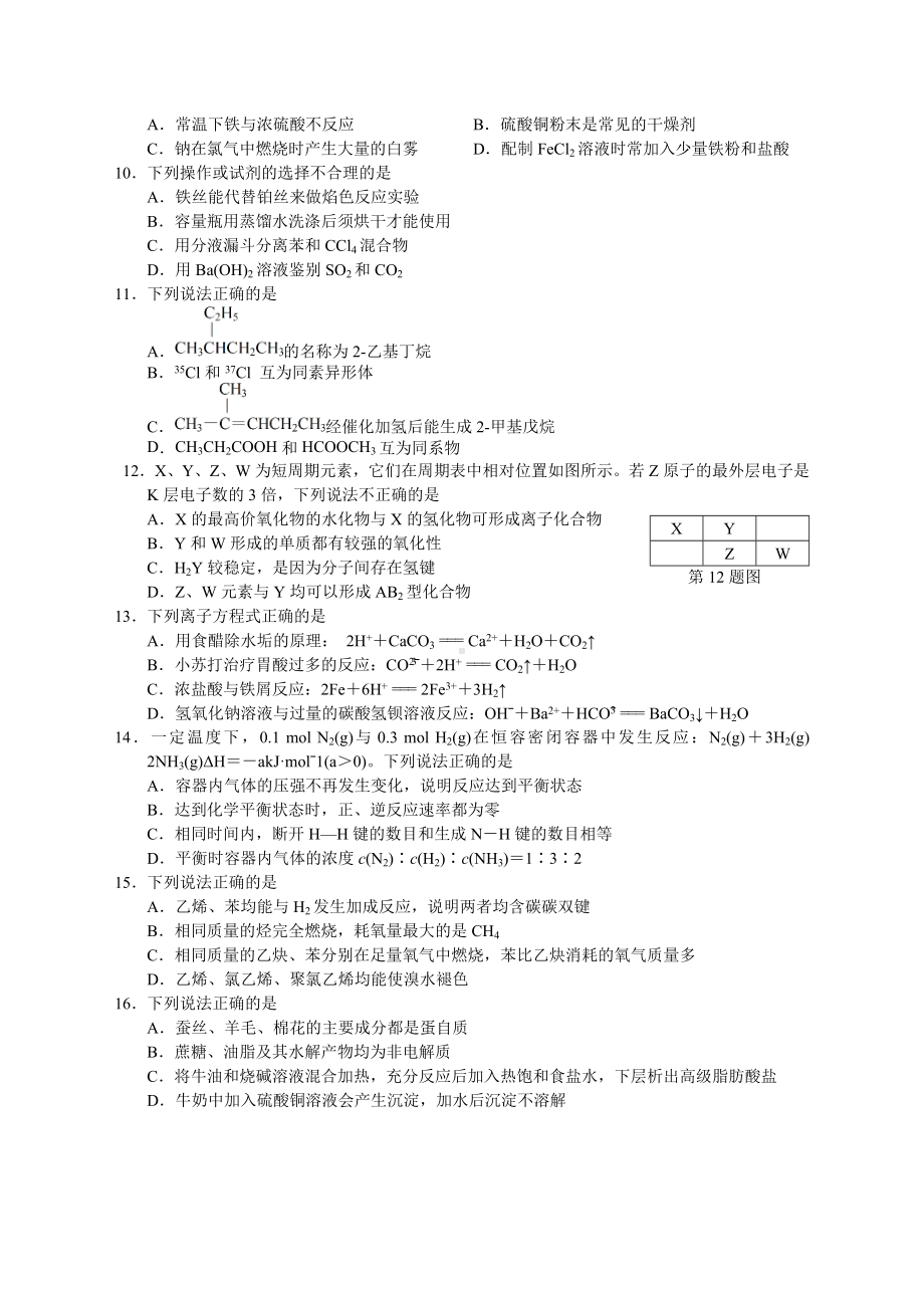 2019年6月浙江省学业水平考试模拟试题化学学科(含答案).docx_第2页