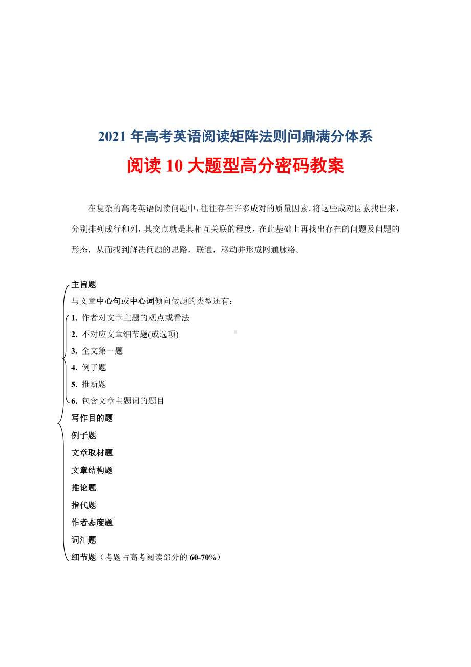 2021高考英语阅读理解10大题型高分密码(教师授课版).docx_第1页