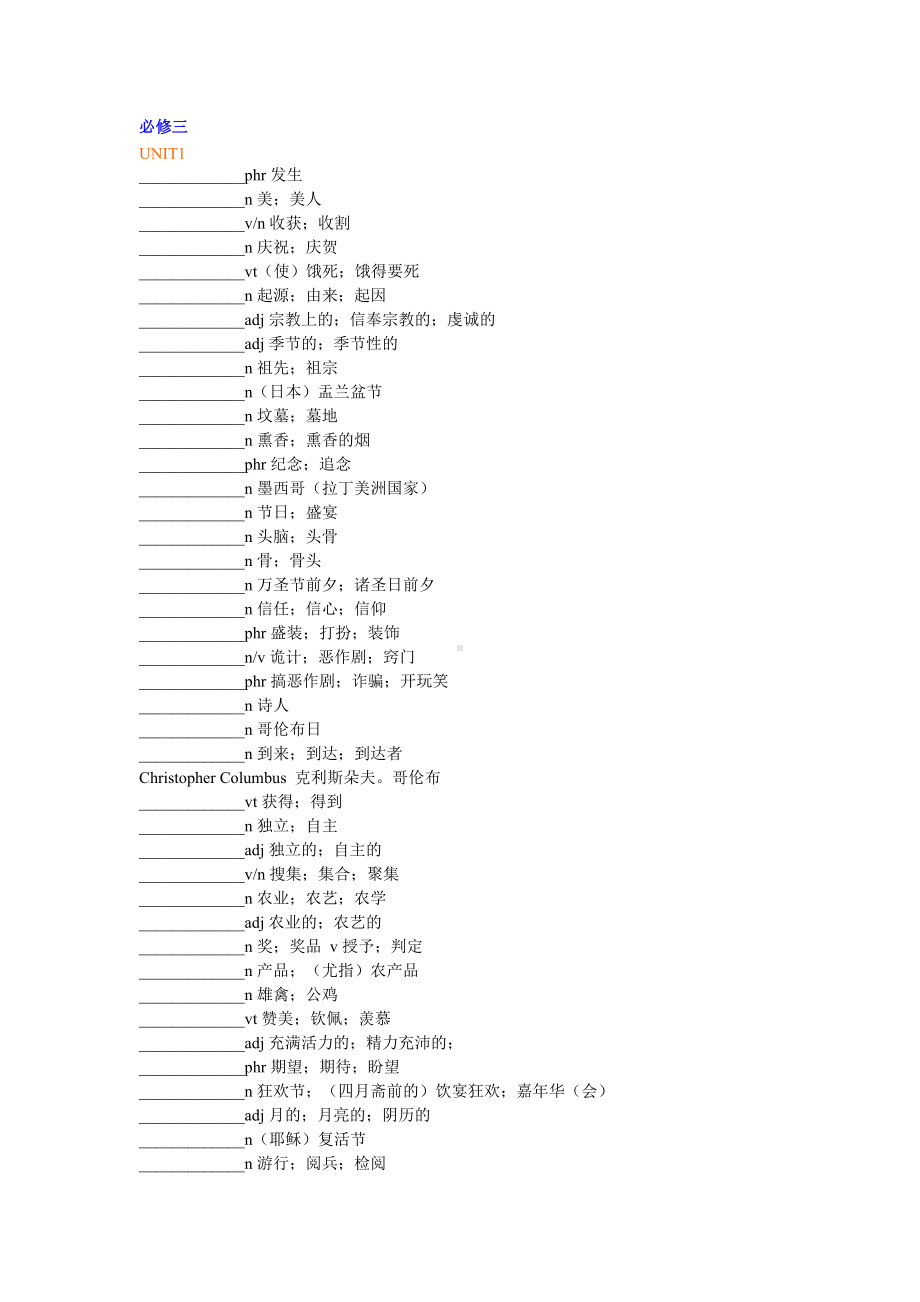 (完整版)高中英语人教版必修三单词测试.doc_第1页