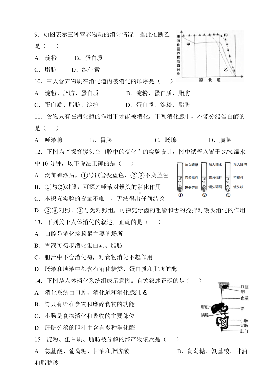 人教版初中生物七年级下册第二章-人体的营养单元检测试试题.doc_第2页